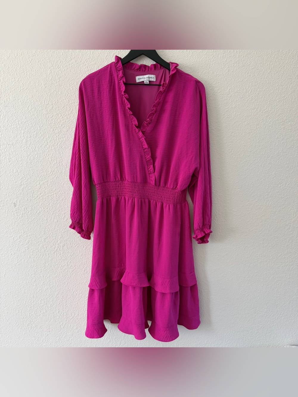 Emma & Michele Pink Fuchsia Midi Ruffle Dress XL Long Sleeve V-Neck Band Waist